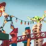 Toy Story characters Jessie and Rex in vibrant scene at Orlando park